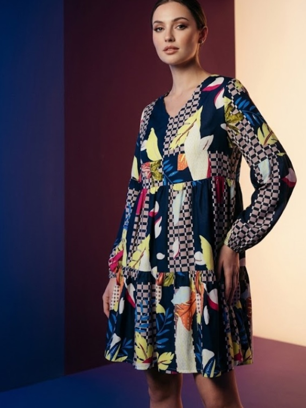 Navy Floral Patchwork V-Neck Tiered Long-Sleeve Dress